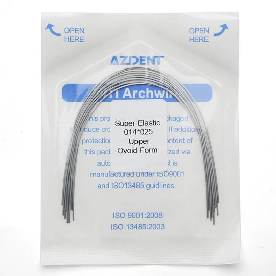 Archwire Niti Super Elastic Ovoid Form Rectangular 0.014 x 0.025 Upper 10pcs/Pack in sealed plastic packaging. AZDENT brand visible. Product details and ISO certifications printed on package. Curved metal wires visible through clear plastic.