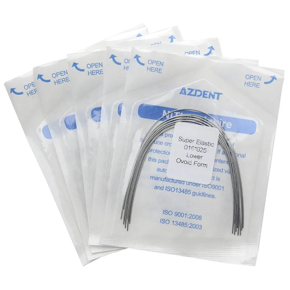 Archwire Niti Super Elastic Ovoid Form Rectangular Ovoid 0.016 x 0.025 Lower 10pcs/Pack in individual sealed packages. Multiple packs of dental orthodontic archwires displayed, showing product packaging with blue text and curved wire visible through clear windows.