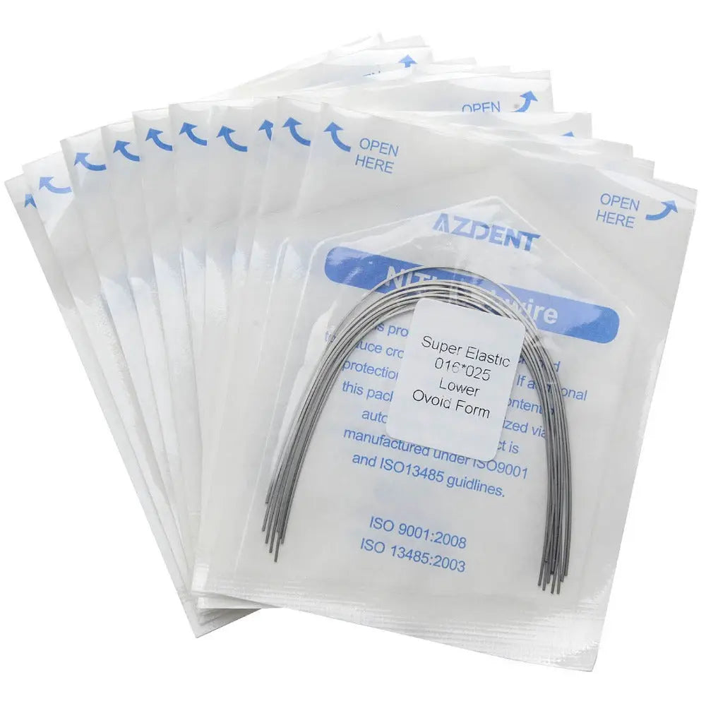 Archwire Niti Super Elastic Ovoid Form Rectangular Ovoid 0.016 x 0.025 Lower 10pcs/Pack displayed in sealed plastic packages. Multiple transparent packets with blue text and curved silver wires visible inside, stacked together showing product quantity and packaging.