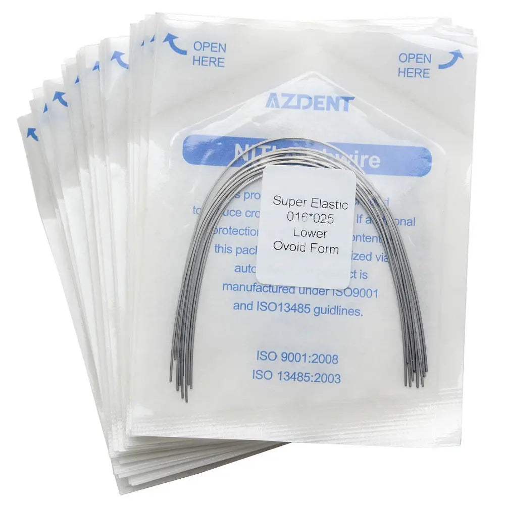 Several sealed packages of Archwire Niti Super Elastic Ovoid Form Rectangular Ovoid 0.016 x 0.025 Lower 10pcs/Pack, showing product details and coiled wire inside transparent packaging with blue text.