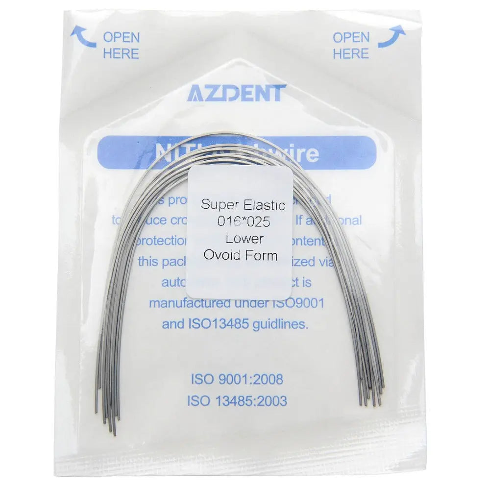 Archwire Niti Super Elastic Ovoid Form Rectangular Ovoid 0.016 x 0.025 Lower 10pcs/Pack in sealed AZDENT packaging. Clear plastic bag with blue text showing product details and ISO certifications. Contains curved metal wires visible through transparent packaging.