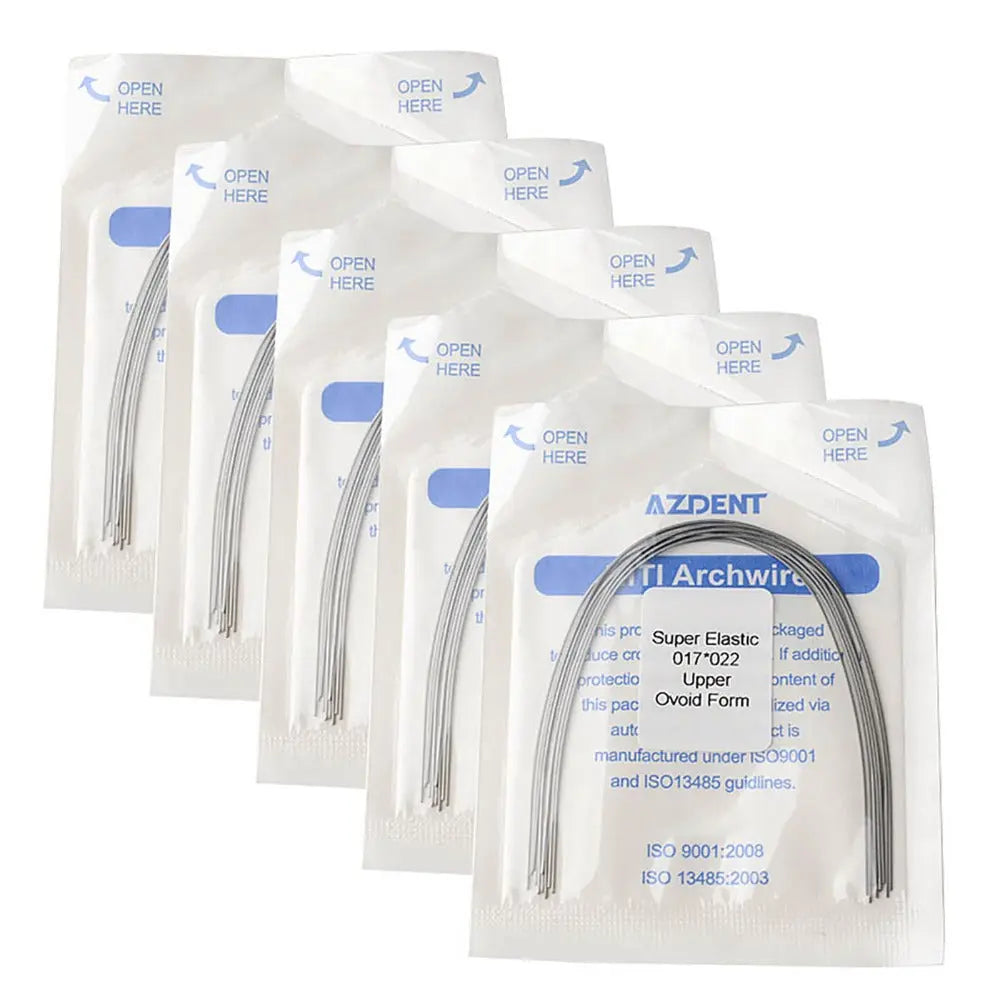 Archwire Niti Super Elastic Ovoid Form Rectangular 0.017 x 0.022 Upper 10pcs/Pack displayed in sealed individual packages. Five transparent pouches with blue labels showing curved metal wires inside, arranged in a row. Product details and "OPEN HERE" instructions visible on packaging.