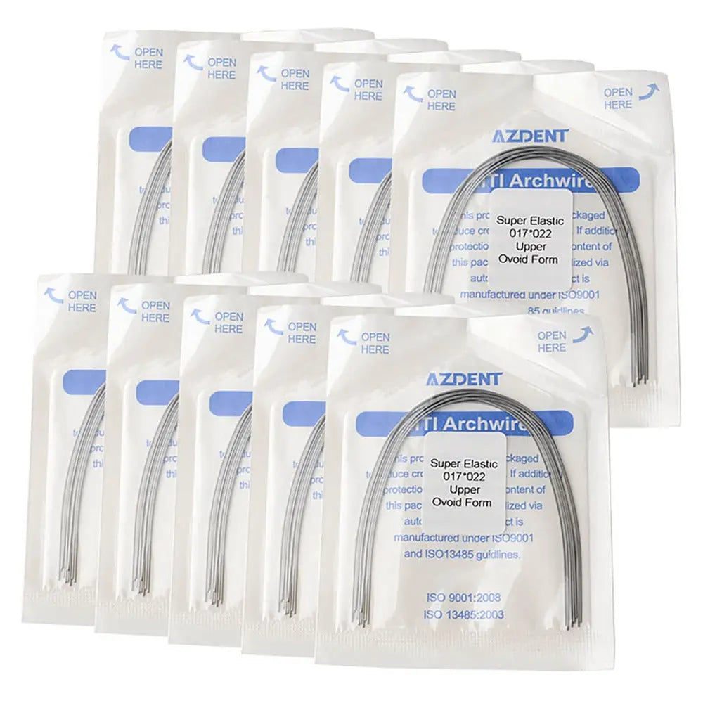 Multiple packages of Archwire Niti Super Elastic Ovoid Form Rectangular 0.017 x 0.022 Upper 10pcs/Pack displayed in clear plastic pouches with blue labeling, showing curved dental archwires inside each package for orthodontic use.