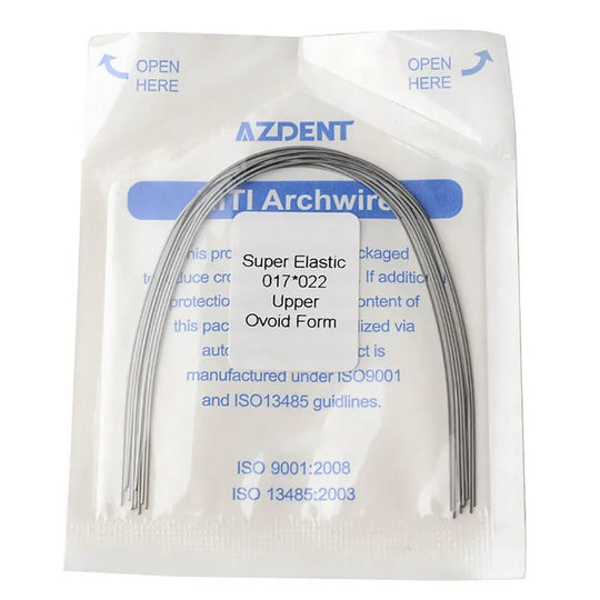 Archwire Niti Super Elastic Ovoid Form Rectangular 0.017 x 0.022 Upper 10pcs/Pack in clear packaging. AZDENT brand dental orthodontic wire visible through transparent package with blue text and product details. ISO certification information printed on package.