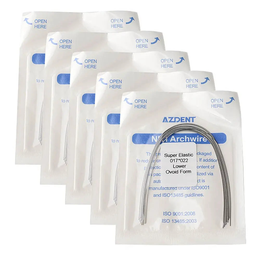 Archwire Niti Super Elastic Ovoid Form Rectangular 0.017 x 0.022 Lower 10pcs/Pack displayed in multiple sealed packages. Each package shows product details and contains a curved dental wire visible through a clear window.