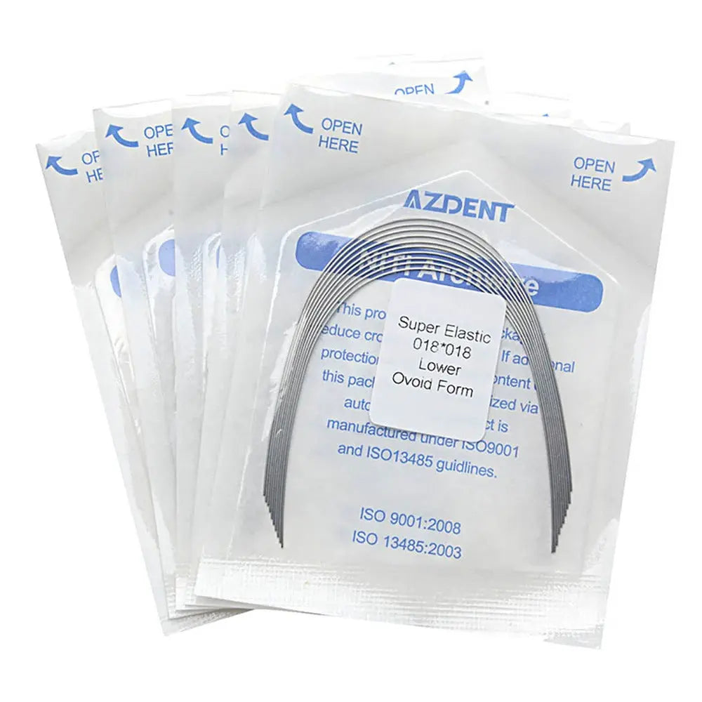 Archwire Niti Super Elastic Ovoid Rectangular 0.018 x 0.018 Lower 10pcs/Pack: Multiple sealed plastic packages containing dental orthodontic archwires, with blue text and curved wire visible through transparent packaging. AZDENT brand name visible on product.