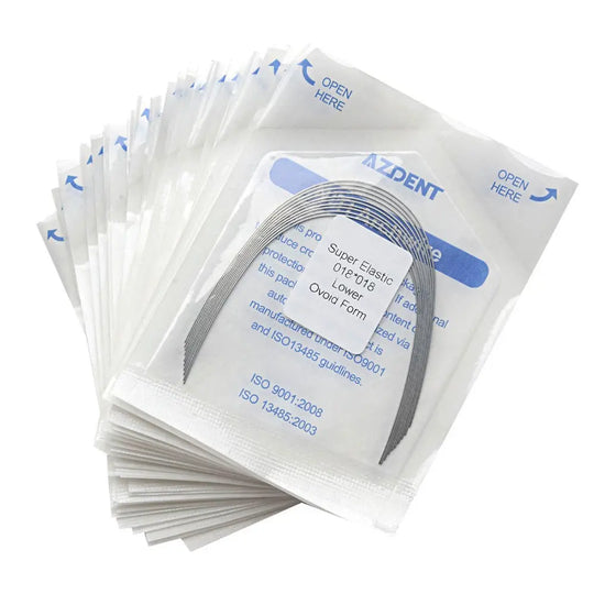 Archwire Niti Super Elastic Ovoid Rectangular 0.018 x 0.018 Lower 10pcs/Pack displayed in sealed white packages with blue text, showing curved orthodontic wire inside. Multiple packages stacked, demonstrating product quantity and packaging design.