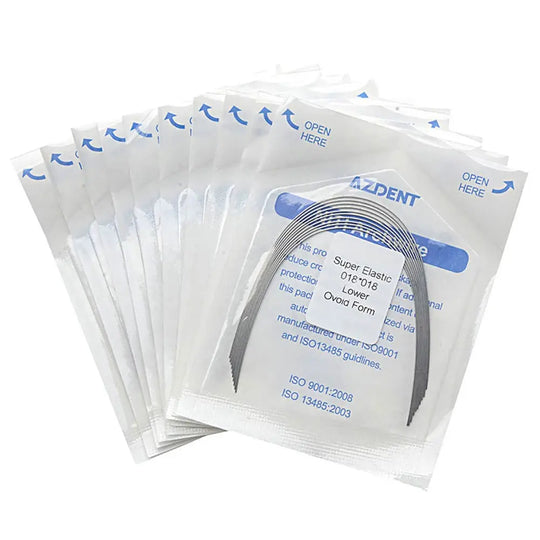 Multiple sealed packages of Archwire Niti Super Elastic Ovoid Rectangular 0.018 x 0.018 Lower 10pcs/Pack dental orthodontic wires, displaying product information and blue arrow indicators for opening on transparent pouches