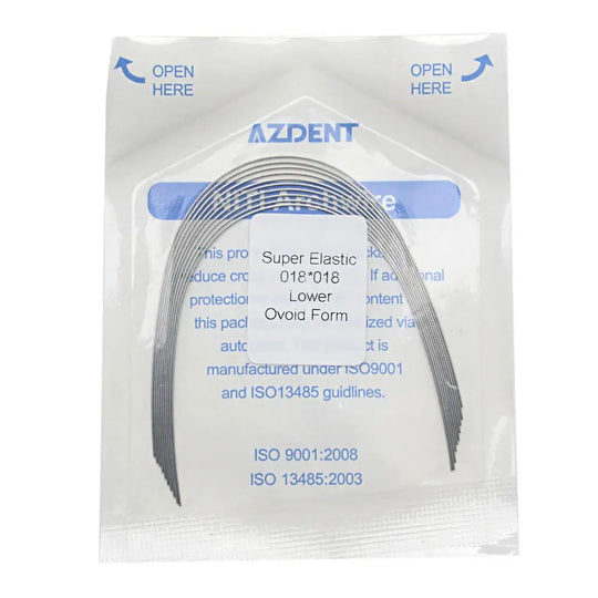 Archwire Niti Super Elastic Ovoid Rectangular 0.018 x 0.018 Lower 10pcs/Pack displayed in sealed package. AZDENT brand dental orthodontic wire visible through clear packaging, showing curved shape and product details printed in blue text.