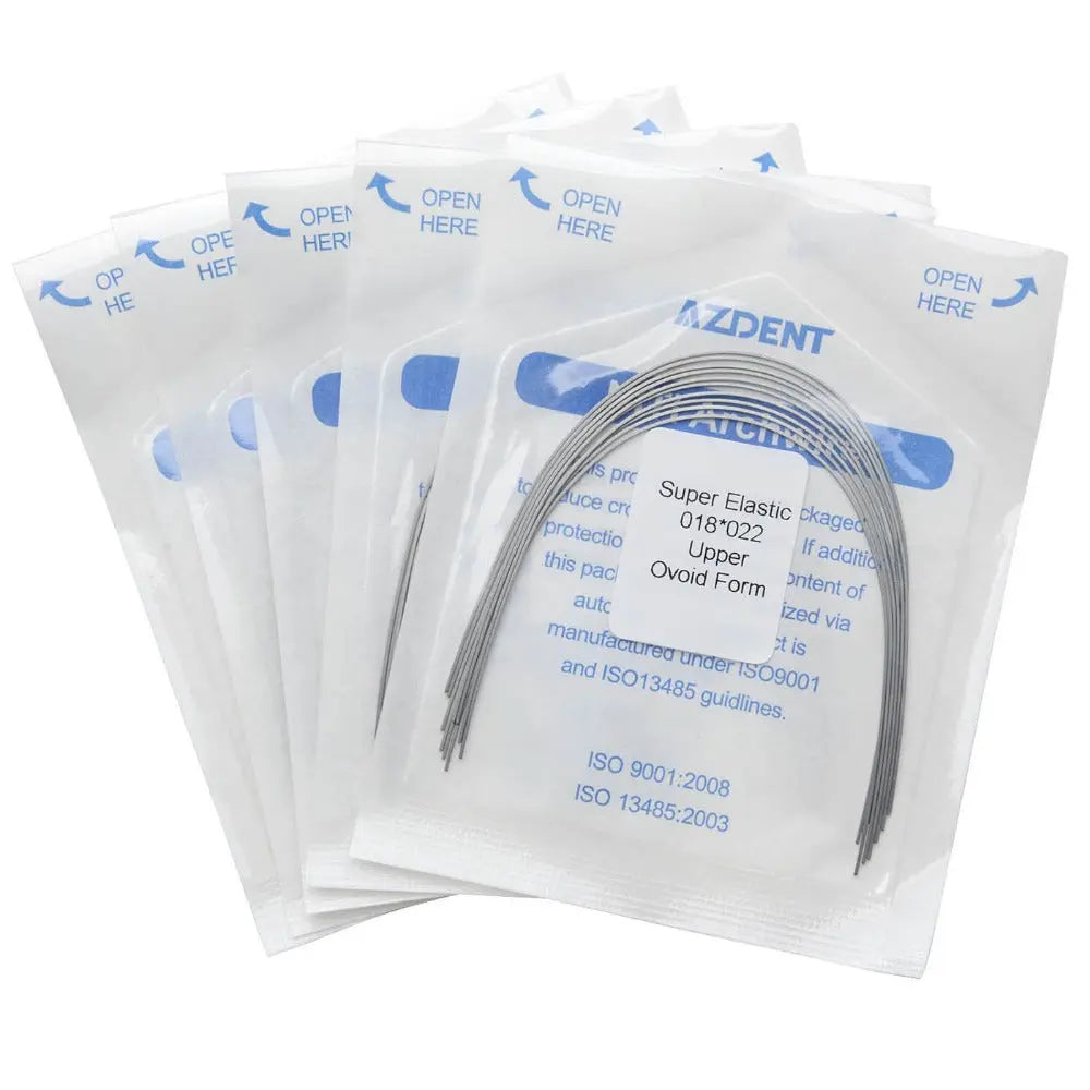 Archwire Niti Super Elastic Ovoid Rectangular 0.018 x 0.022 Upper 10pcs/Pack: Sealed plastic packages containing curved dental orthodontic wires. Each package is labeled with product details and has an "OPEN HERE" tab. The wires are visible through the transparent packaging.