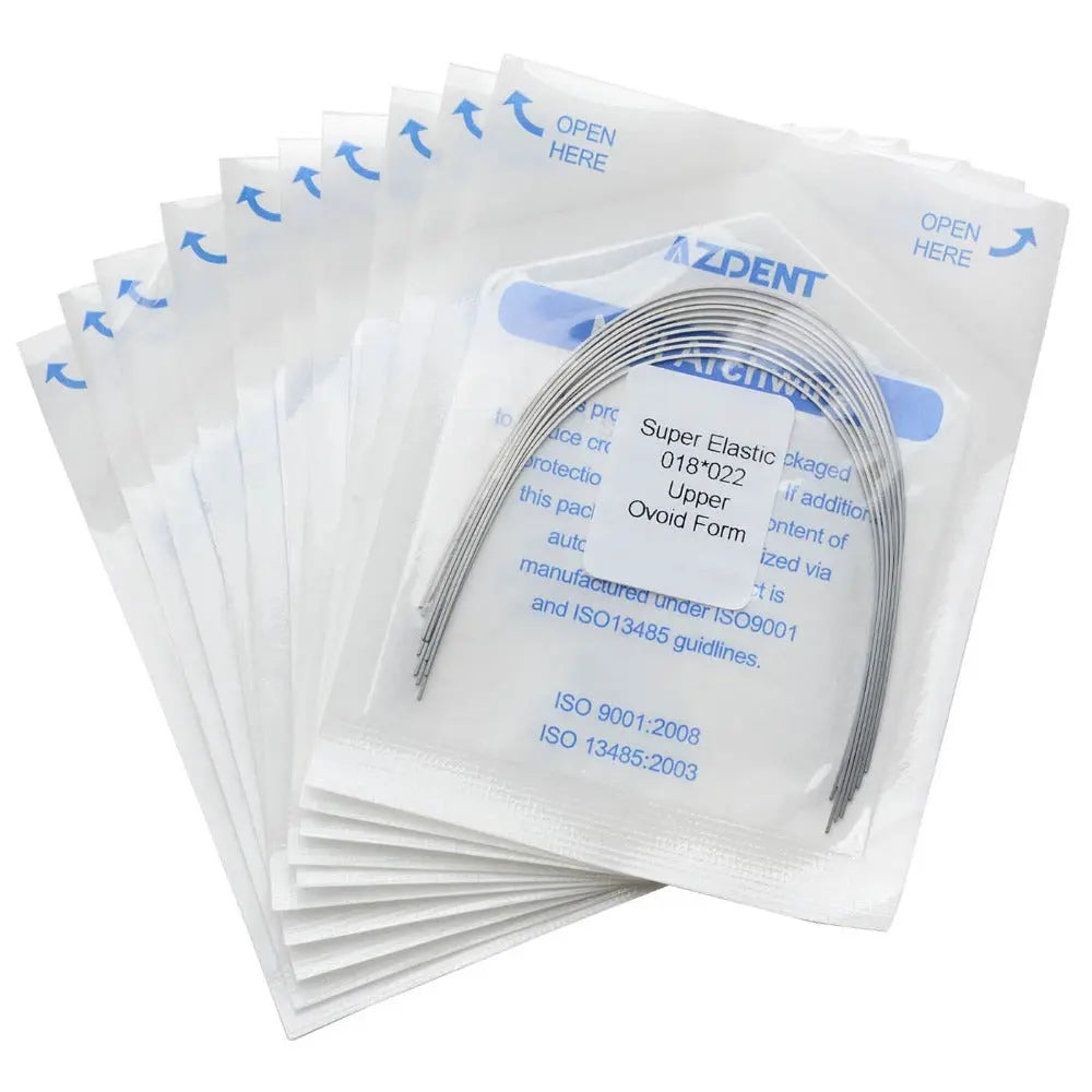 Archwire Niti Super Elastic Ovoid Rectangular 0.018 x 0.022 Upper 10pcs/Pack displayed in individually sealed sterile packages. Multiple transparent packets stacked, showing curved orthodontic wire inside each. Blue text visible on packaging indicating product details and opening instructions.