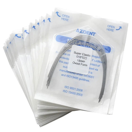 Archwire Niti Super Elastic Ovoid Rectangular 0.018 x 0.022 Upper 10pcs/Pack displayed in sealed transparent packages. Multiple thin, curved metal wires visible inside each package. Blue text on packaging indicates product details and opening instructions.