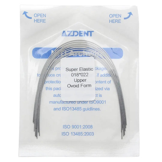 Archwire Niti Super Elastic Ovoid Rectangular 0.018 x 0.022 Upper 10pcs/Pack in sealed AZDENT package. Curved metal wires visible through clear window. Product details and ISO certifications printed on white packaging.