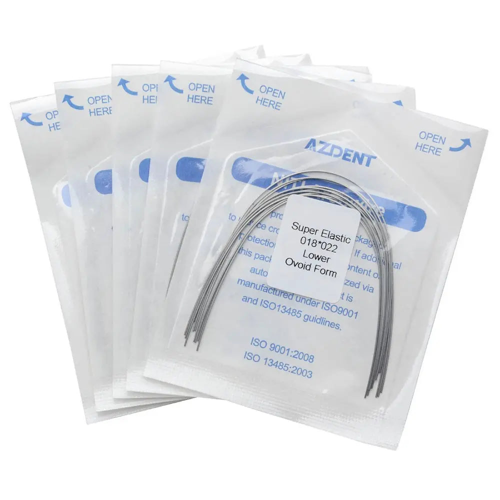 Archwire Niti Super Elastic Ovoid Rectangular 0.018 x 0.022 Lower 10pcs/Pack, displayed in sealed plastic packages. Multiple transparent pouches contain curved metal wires for orthodontic use. Product details visible on packaging.