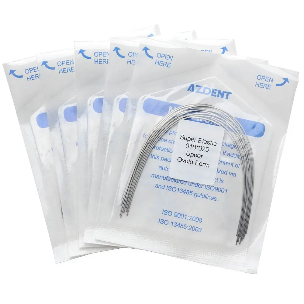 Archwire Niti Super Elastic Ovoid Rectangular 0.018 x 0.025 Upper 10pcs/Pack displayed in sealed transparent plastic packages with blue text. Each package contains a curved, thin metal wire for dental orthodontic use. Multiple packages are shown, emphasizing product quantity and professional packaging.