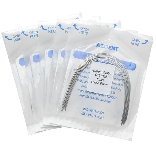 Archwire Niti Super Elastic Ovoid Rectangular 0.018 x 0.025 Upper 10pcs/Pack displayed in sealed transparent plastic packages with blue text. Each package contains a curved, thin metal wire for dental orthodontic use. Multiple packages are shown, emphasizing product quantity and professional packaging.