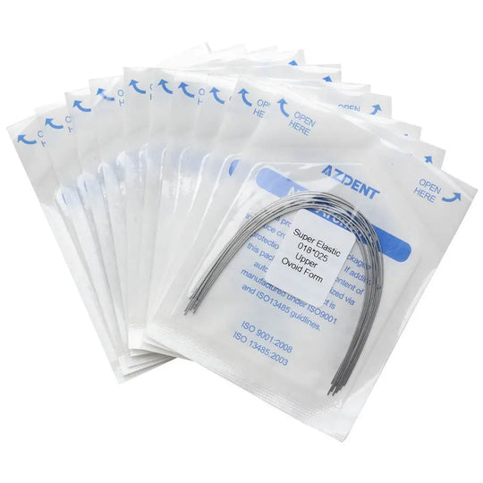 Archwire Niti Super Elastic Ovoid Rectangular 0.018 x 0.025 Upper 10pcs/Pack displayed in individually sealed transparent packages. Multiple packages arranged in a fan-like formation, showcasing the curved wire shape visible through the packaging.