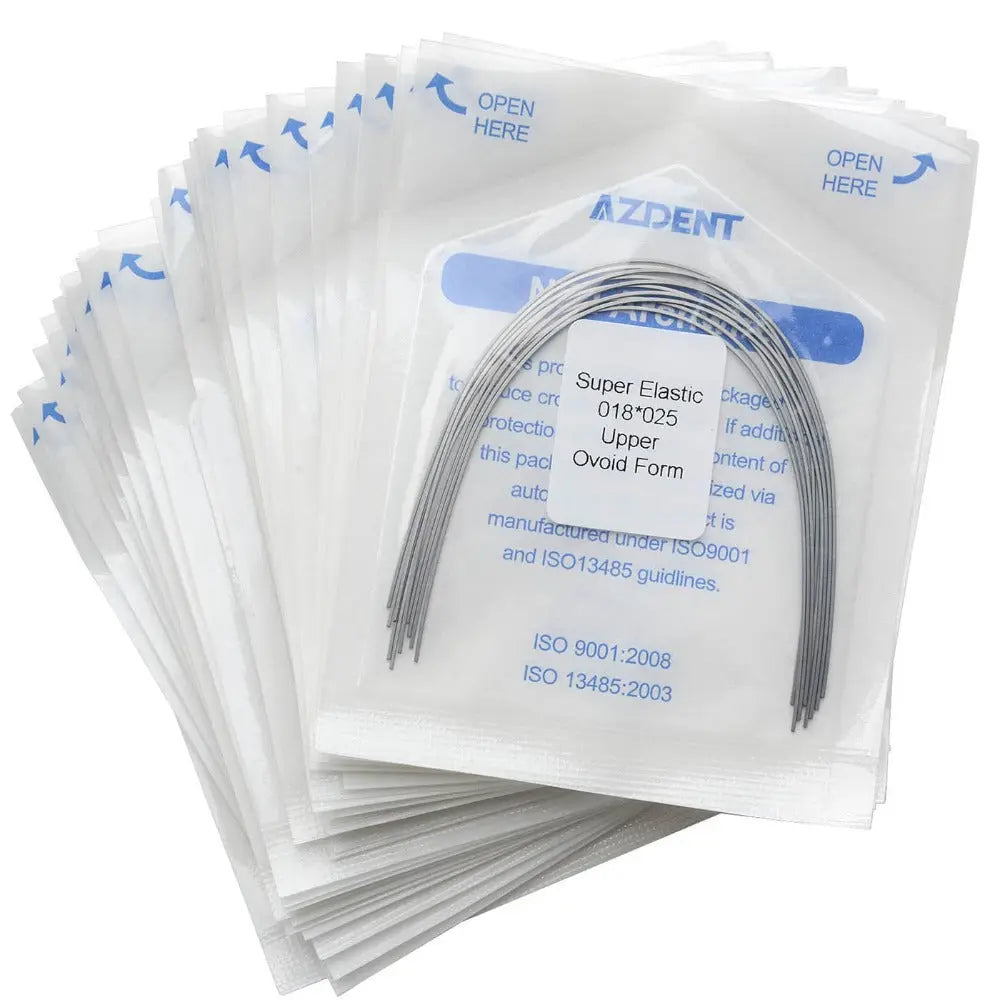 Archwire Niti Super Elastic Ovoid Rectangular 0.018 x 0.025 Upper 10pcs/Pack displayed in sealed transparent packages. Multiple packets stacked, showing product details and curved wire shape inside each package. Dental orthodontic supplies for professional use.