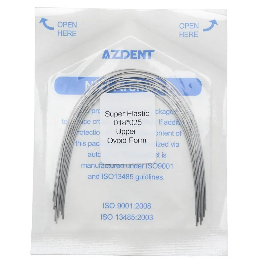 Archwire Niti Super Elastic Ovoid Rectangular 0.018 x 0.025 Upper 10pcs/Pack in sealed AZDENT packaging. Curved metal wires visible through transparent front. Product details and ISO certifications printed on package.