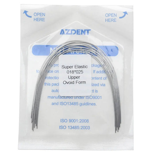 Archwire Niti Super Elastic Ovoid Rectangular 0.018 x 0.025 Upper 10pcs/Pack in sealed AZDENT packaging. Curved metal wires visible through transparent front. Product details and ISO certifications printed on package.