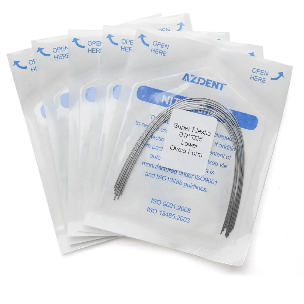 Archwire Niti Super Elastic Ovoid Rectangular 0.018 x 0.025 Lower 10pcs/Pack displayed in sealed plastic packaging. Multiple transparent pouches with blue text and arrows visible. One open pouch shows curved metal wires inside, representing the dental orthodontic archwires.