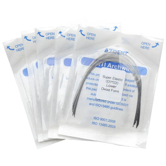 Dental orthodontic Archwire Niti Super Elastic Ovoid Rectangular 0.020 x 0.020 Lower 10pcs/Pack displayed in sealed transparent packages with blue text. Curved metal wires visible inside, designed for lower teeth alignment. Product information printed on packaging.