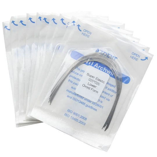 Archwire Niti Super Elastic Ovoid Rectangular 0.020 x 0.020 Lower 10pcs/Pack displayed in sealed transparent packets. Multiple packets stacked showing product details printed in blue text. Dental orthodontic archwires visible through packaging, showcasing their curved shape and metallic finish.