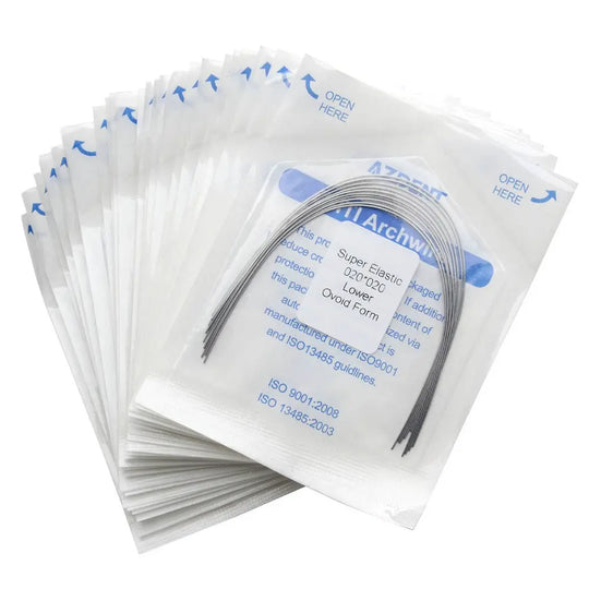 Archwire Niti Super Elastic Ovoid Rectangular 0.020 x 0.020 Lower 10pcs/Pack displayed in individual sealed packages. Stack of white envelopes with blue text and arrows, showcasing dental orthodontic archwires inside transparent windows.