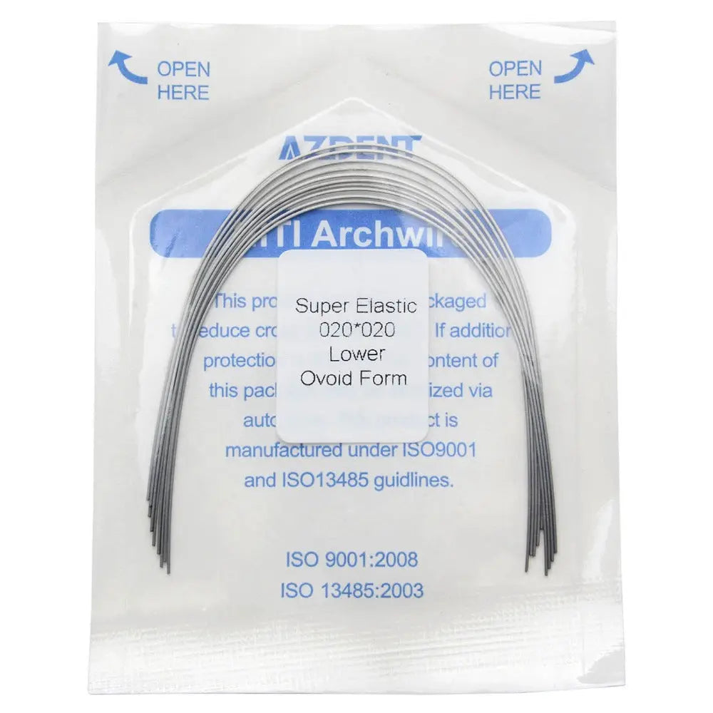 Archwire Niti Super Elastic Ovoid Rectangular 0.020 x 0.020 Lower 10pcs/Pack - Dental orthodontic archwires in sealed package with product details and ISO certification information visible. Curved metal wires displayed in transparent window.