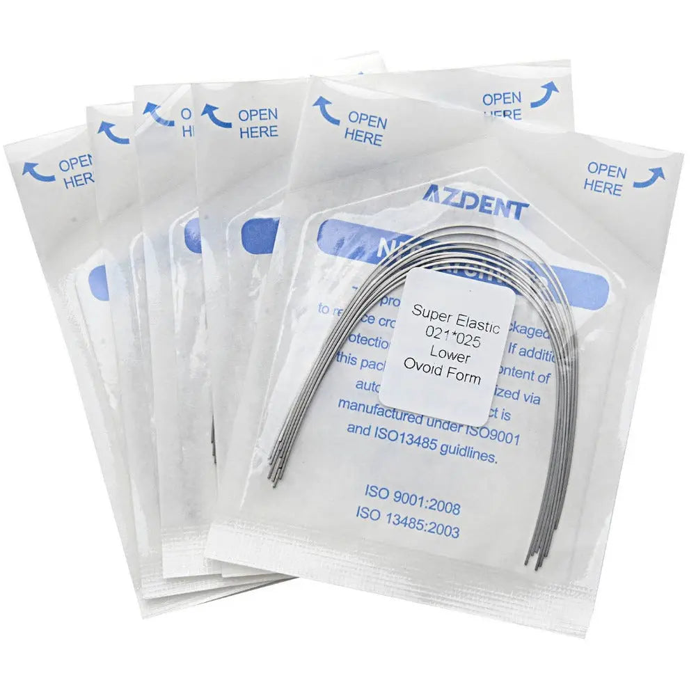 Archwire Niti Super Elastic Ovoid Rectangular 0.021 x 0.025 Lower 10pcs/Pack displayed in sealed transparent packages. Multiple curved dental archwires visible through packaging, with blue product information printed on packets.