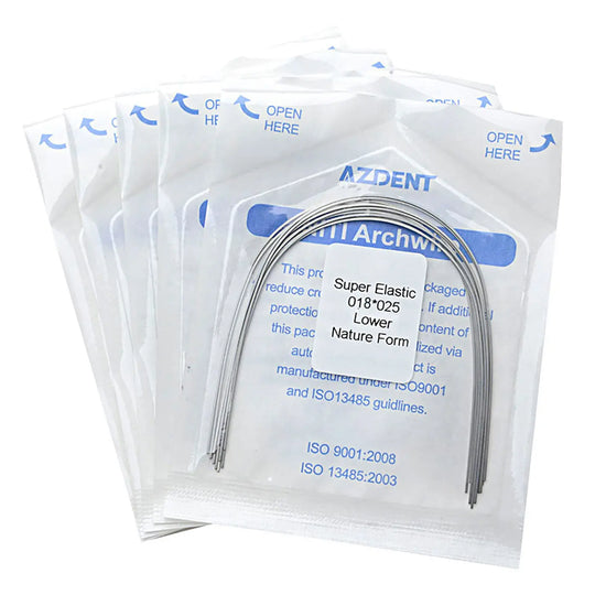 Archwire NiTi Super Elastic Natural Rectangular 0.018 x 0.025 Lower 10pcs/Pack: Multiple sealed packages containing curved dental orthodontic archwires with visible product information and specifications printed on the packaging.