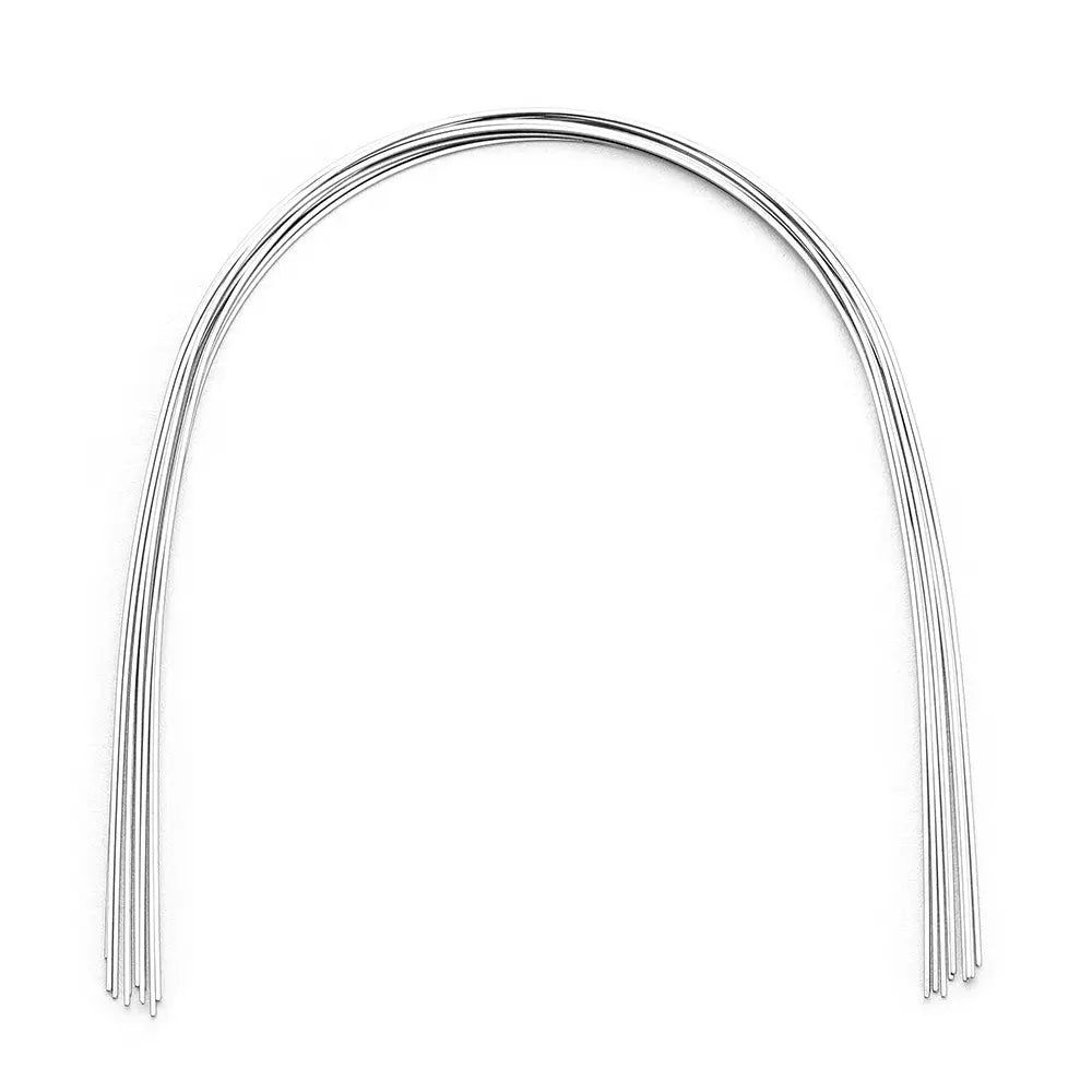 Archwire NiTi Super Elastic Natural Rectangular 0.018 x 0.025 Lower 10pcs/Pack: Curved dental orthodontic wire made of nickel titanium, shaped to match lower jaw curvature. Shiny silver metal with multiple strands forming an arch shape. Used for dental braces and orthodontic treatments.