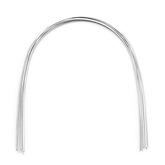 Archwire NiTi Super Elastic Natural Rectangular 0.018 x 0.025 Lower 10pcs/Pack: Curved dental orthodontic wire made of nickel titanium, shaped to match lower jaw curvature. Shiny silver metal with multiple strands forming an arch shape. Used for dental braces and orthodontic treatments.