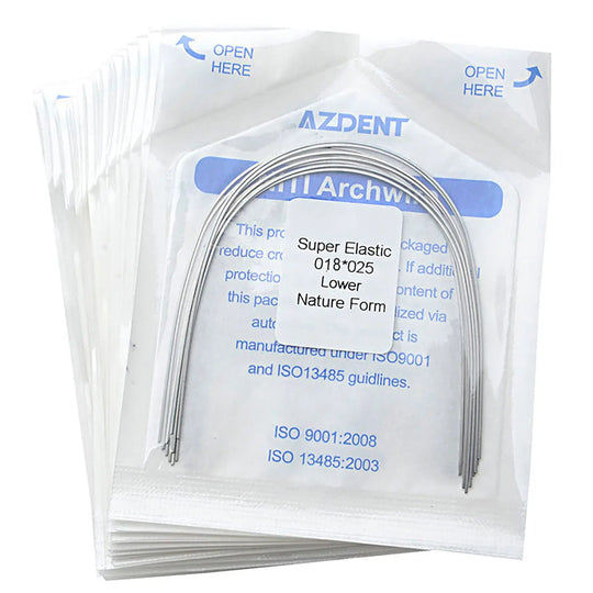 Archwire NiTi Super Elastic Natural Rectangular 0.018 x 0.025 Lower 10pcs/Pack: Sealed packages containing curved dental archwires. AZDENT brand visible on packaging, with product details and ISO certification information printed. Multiple packs shown, each containing a single curved wire.