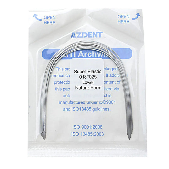 Archwire NiTi Super Elastic Natural Rectangular 0.018 x 0.025 Lower 10pcs/Pack: Sealed package containing curved dental orthodontic archwires. Package displays product details, size specifications, and ISO certifications. AZDENT brand visible on packaging.