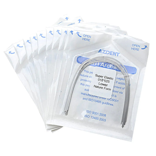 Archwire NiTi Super Elastic Natural Rectangular 0.018 x 0.025 Lower 10pcs/Pack displayed in individual sealed packages. Multiple white packets with blue text visible, showcasing dental orthodontic archwires for professional use.