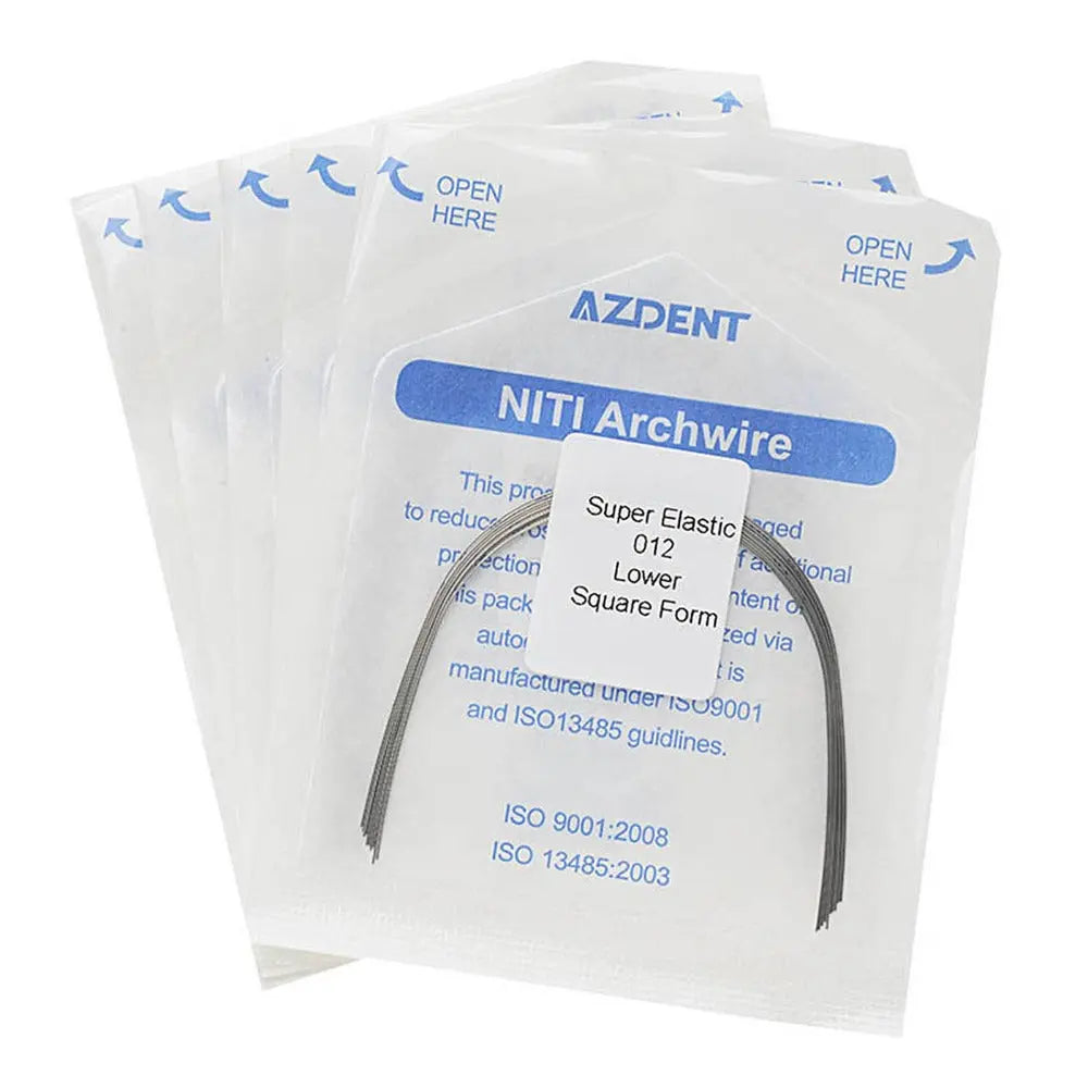 Archwire NiTi Super Elastic Square Round 0.012 Lower 10pcs/Pack: Dental orthodontic archwires in sealed packaging. Multiple white packets with blue text showing product details. Two curved metal wires visible, demonstrating the shape and size of the archwires.