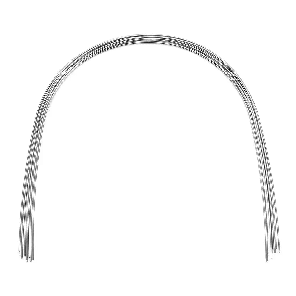 Archwire NiTi Super Elastic Square Round 0.012 Lower 10pcs/Pack: Dental orthodontic archwire coiled in a U-shape. Thin, silver-colored wire made of super elastic NiTi material, designed for lower teeth alignment. Pack contains 10 pieces of smooth, flexible archwires for efficient tooth movement.