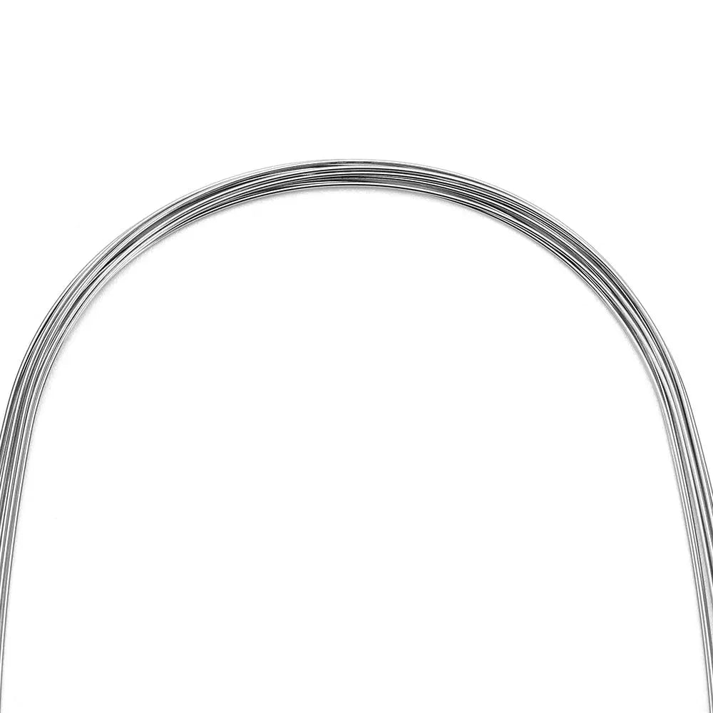 Archwire NiTi Super Elastic Square Round 0.012 Lower 10pcs/Pack: Close-up of a curved, thin metallic wire with smooth, reflective surface, demonstrating the flexibility and shape of the dental orthodontic archwire used for lower teeth alignment.