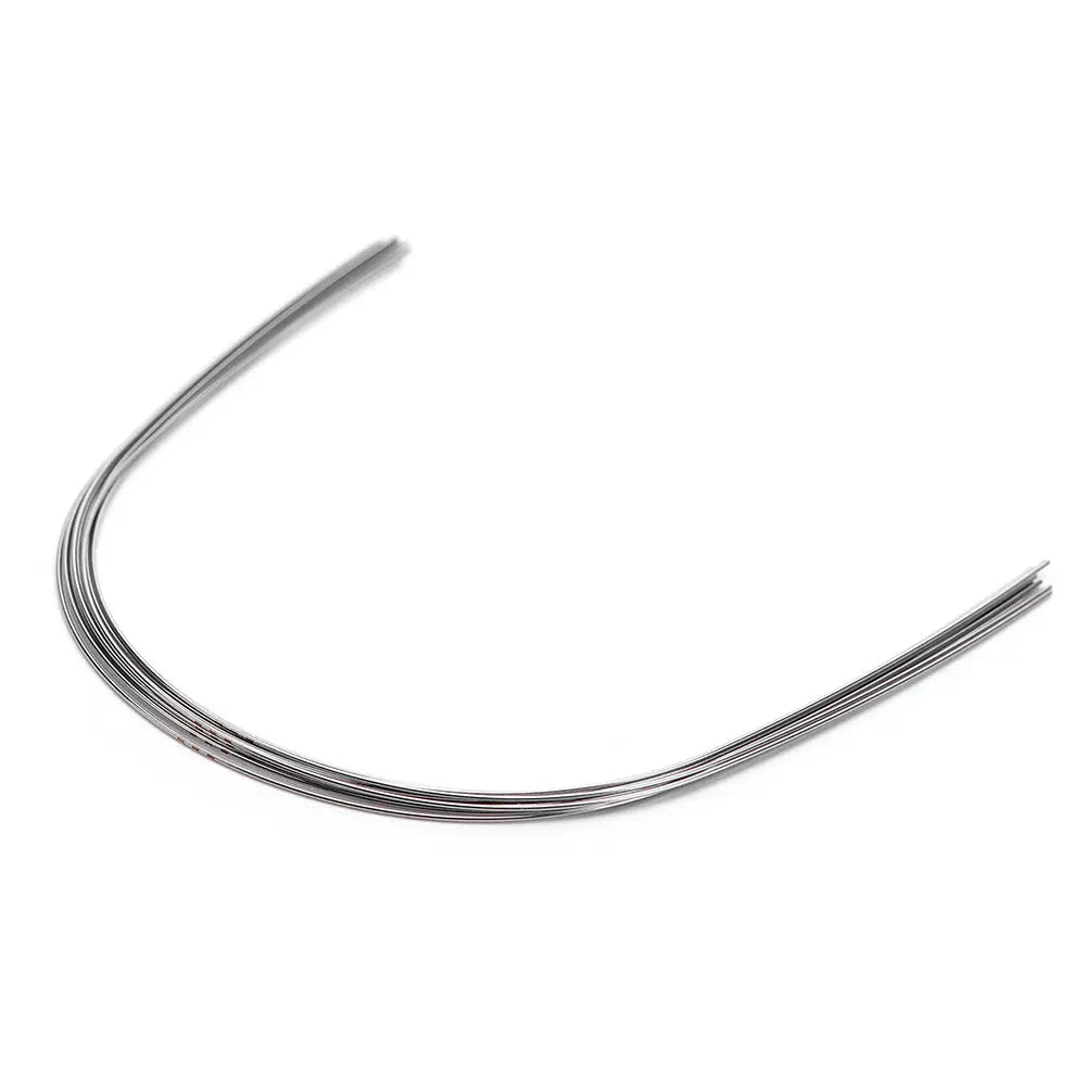 Archwire NiTi Super Elastic Square Round 0.012 Lower 10pcs/Pack: Curved, thin metallic wire used in orthodontic treatments. Smooth, flexible dental archwire for lower teeth alignment, displayed against a white background.