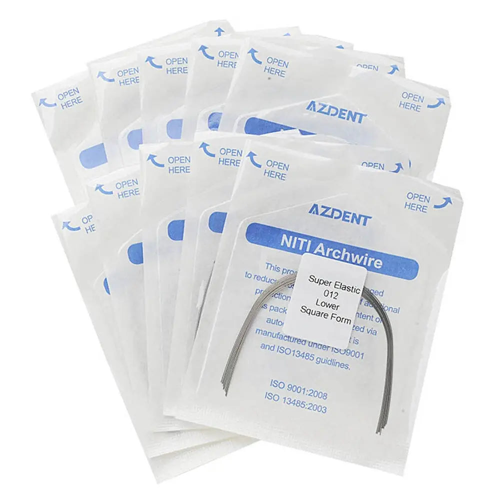 Archwire NiTi Super Elastic Square Round 0.012 Lower 10pcs/Pack: Multiple sealed packages containing dental orthodontic archwires. White packaging with blue text, showing product details and brand name AZDENT. Single archwire visible in foreground package.