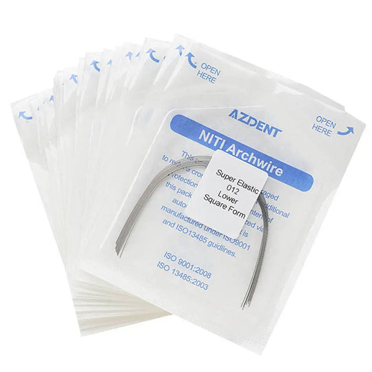 Archwire NiTi Super Elastic Square Round 0.012 Lower 10pcs/Pack - Dental orthodontic archwires in individual sterile packages, featuring super elastic NiTi material for lower teeth alignment. Smooth finish reduces friction for easier tooth movement.