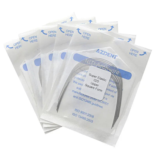 Sealed packages of Archwire NiTi Super Elastic Square Round 0.020 Upper 10pcs/Pack, showing multiple transparent pouches with blue labeling and visible curved wires inside, arranged in a stack for dental orthodontic use.