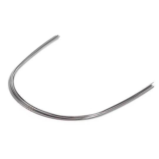 Archwire NiTi Super Elastic Square Round 0.020 Upper 10pcs/Pack: Curved, shiny metal wire for dental orthodontic use. Thin, flexible archwire made of super elastic nickel-titanium, designed for upper teeth alignment. Smooth surface for reduced friction and patient comfort.