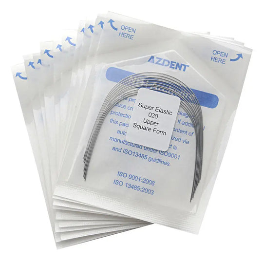 Archwire NiTi Super Elastic Square Round 0.020 Upper 10pcs/Pack: Sealed packages containing curved dental archwires, labeled with product details and AZDENT branding. Multiple packets stacked, showing square form and upper arch design for orthodontic use.