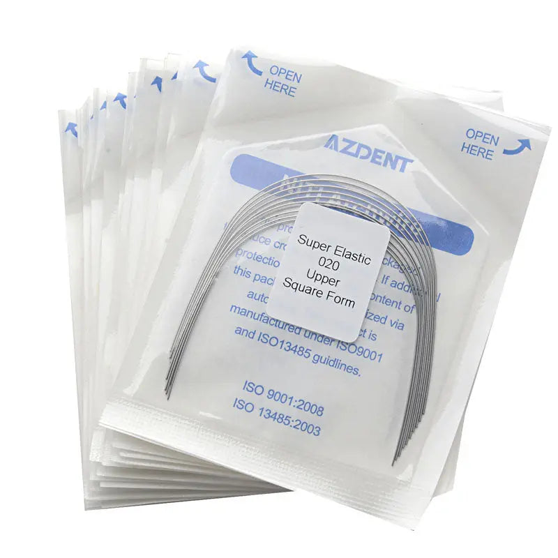 Archwire NiTi Super Elastic Square Round 0.020 Upper 10pcs/Pack in sealed transparent packages with blue labeling. Multiple packets stacked, displaying product information and specifications for dental orthodontic use.