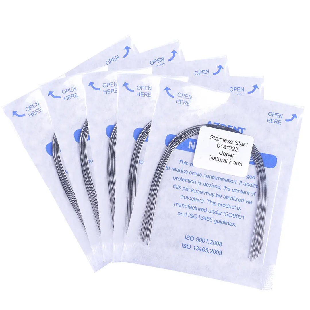 Archwire Stainless Steel Natural Form Rectangular 0.018 x 0.022 Upper 10pcs/Pack displayed in sealed transparent packets with blue text. Multiple curved metal wires visible inside each packet, arranged in a fan-like pattern showcasing the natural arch form for orthodontic use.