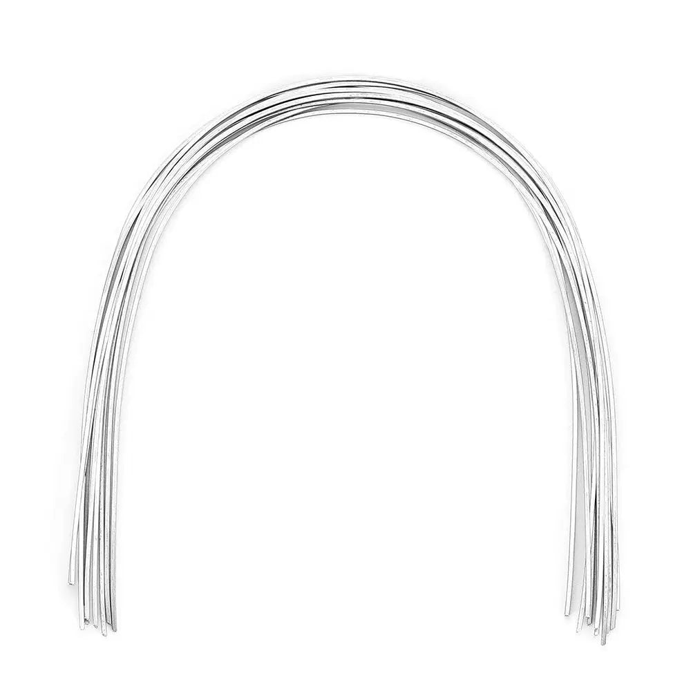 Archwire Stainless Steel Natural Form Rectangular 0.018 x 0.022 Upper 10pcs/Pack: Curved stainless steel wires for orthodontic treatment, showing natural arch form, high-gloss finish, and flexible yet durable properties for efficient dental alignment and space management.