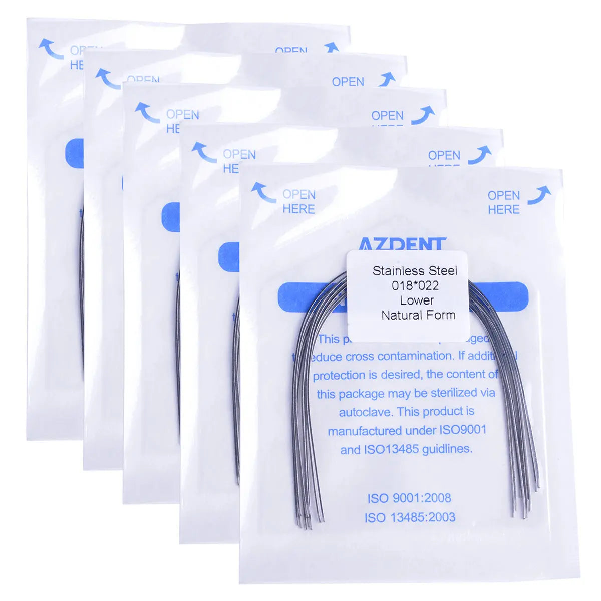 Archwire Stainless Steel Natural Form Rectangular 0.018 x 0.022 Lower 10pcs/Pack. Multiple sealed packages containing curved dental archwires. Packages display AZDENT brand, product specifications, and sterilization instructions. Blue text on white packaging for clear visibility.