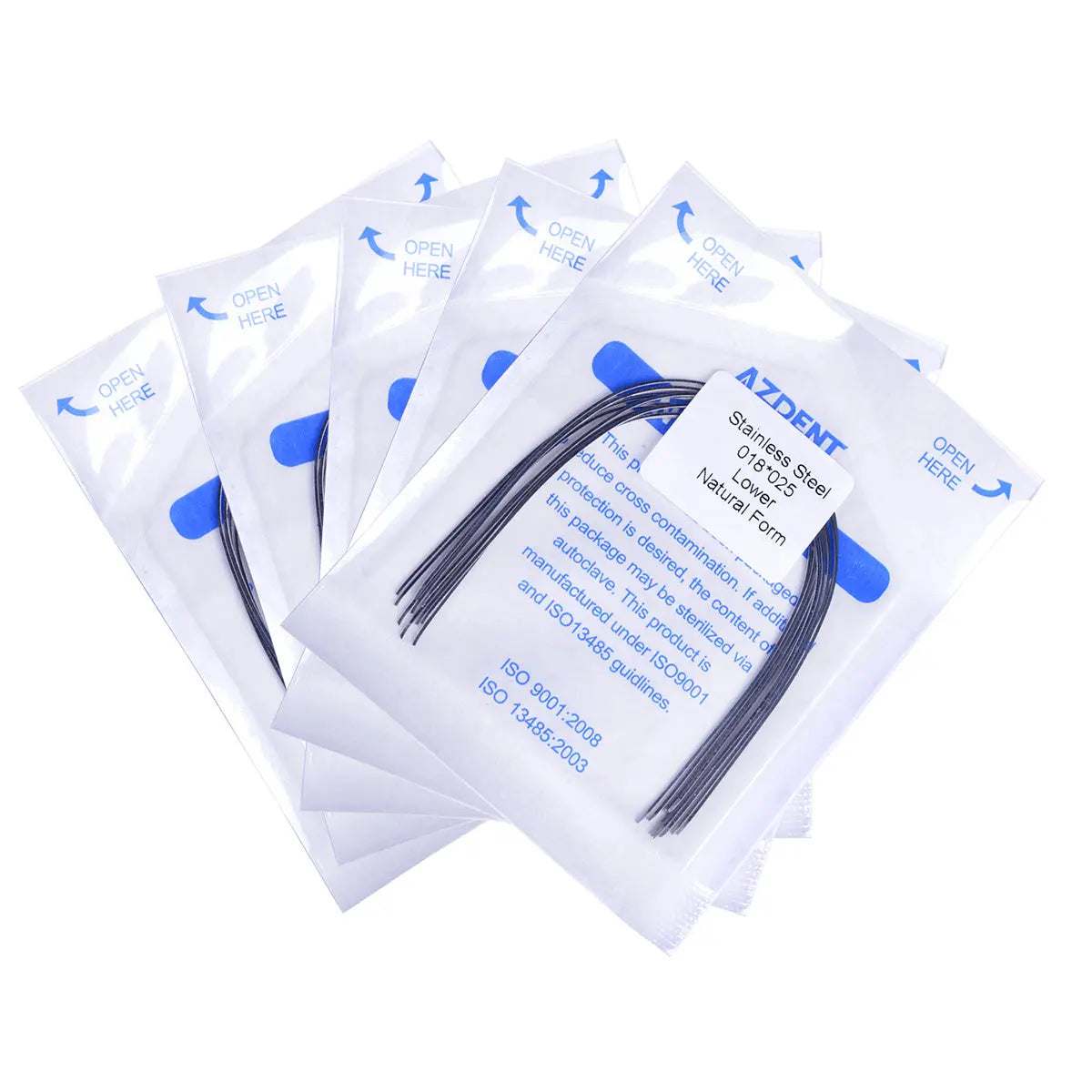 Archwire Stainless Steel Natural Form Rectangular 0.018 x 0.025 Lower 10pcs/Pack shown in sealed transparent packages with blue labels. Multiple packs displayed, showcasing the product's packaging and quantity.